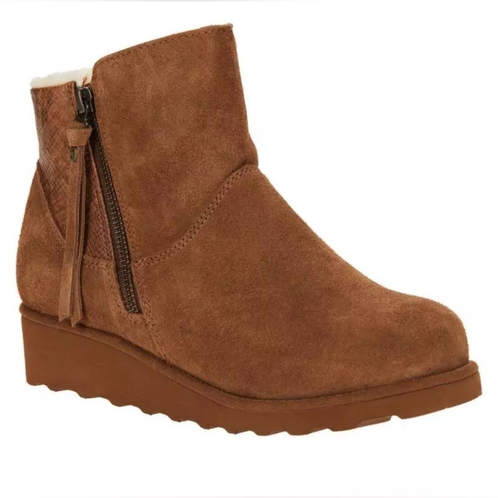 BEARPAW Women’s Megan Suede Sheepskin Platform Ankle Booties Brown Sz US 8